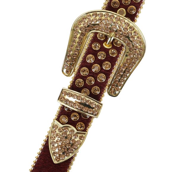 Rhinestone Belt-SUN045-Burgundy Horse Hair Belt with Champagne Rhinestones - Picture 4 of 6